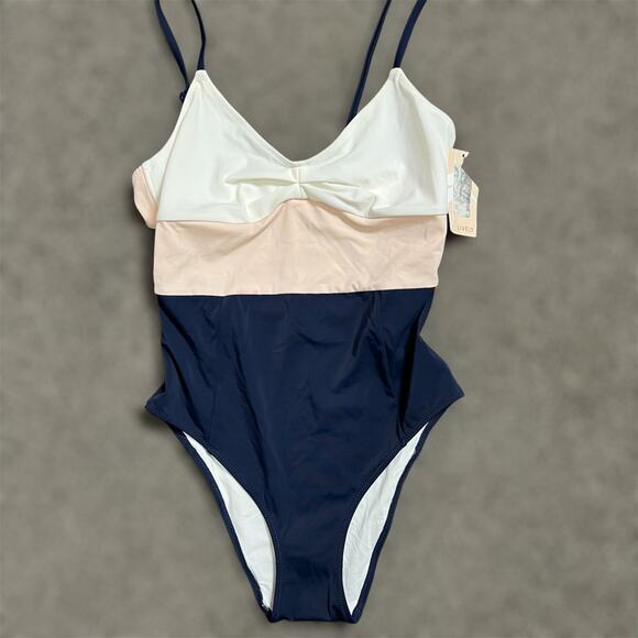 Lively One Piece Swimsuit SMALL Colorblock Navy High Leg Beach NEW Cutout White - Picture 1 of 12
